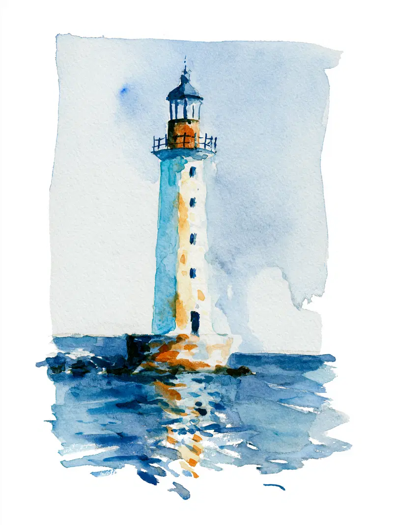 Watercolor painting of a lighthouse on rocky shore with ocean reflections