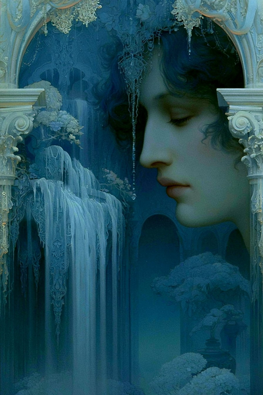 A large serene face with closed eyes and dark hair blends into an arched, ornate structure. Flowing waterfalls cascade down beside the face into a misty, ethereal landscape filled with stylized trees and intricate hanging decorations.