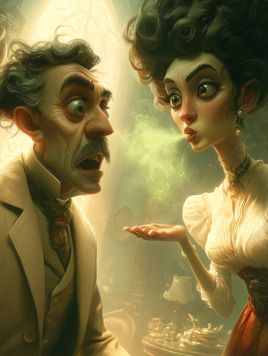 A digitally illustrated man and woman dressed in vintage clothing, the woman blowing glowing green magical dust into the air while the man looks on with surprise and curiosity, set in a warmly lit room with antique furniture.