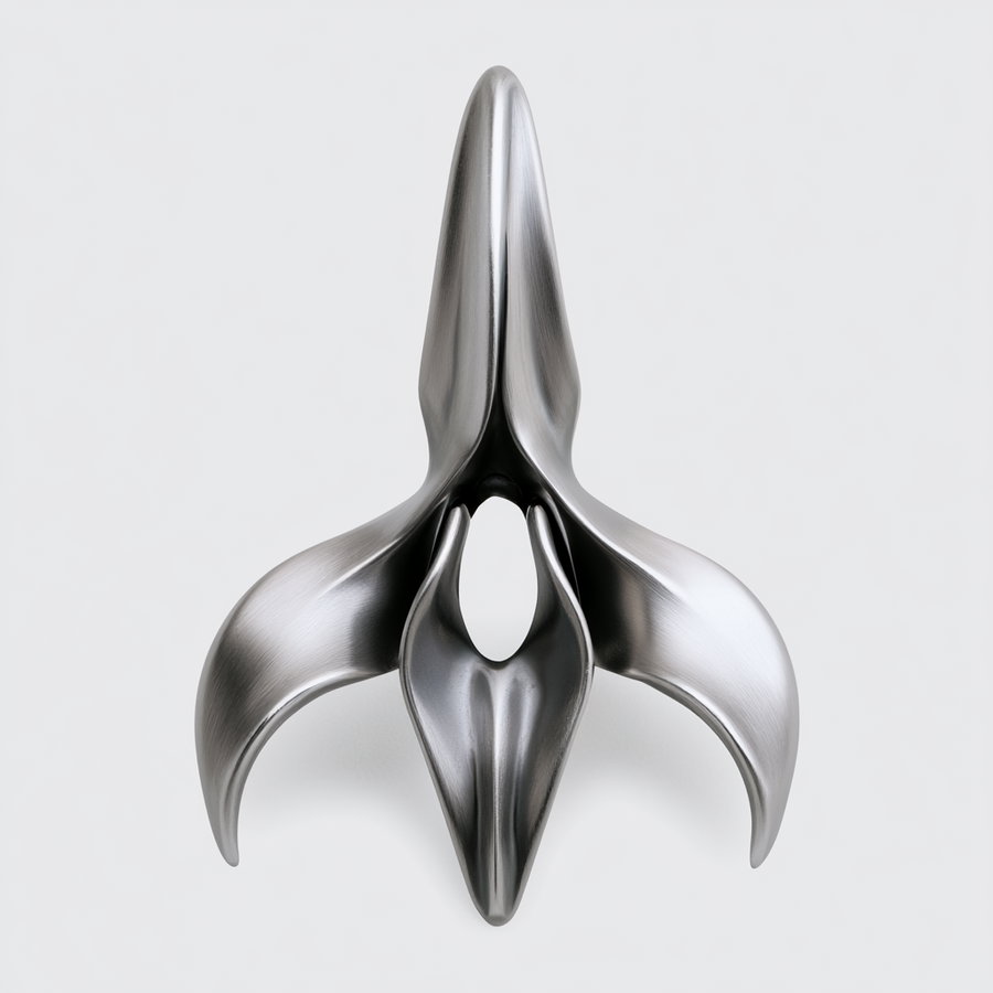 A smooth metallic sculpture with a polished surface, featuring an abstract symmetrical form with elongated and curved elements, set against a plain white background
