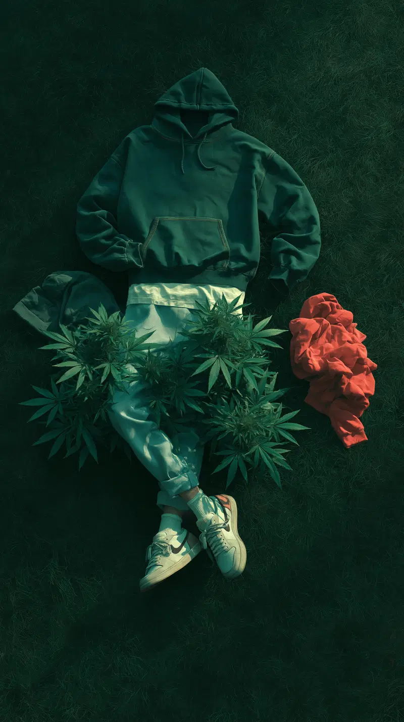 Surreal scene with hidden figure blending into plants and clothing on grass