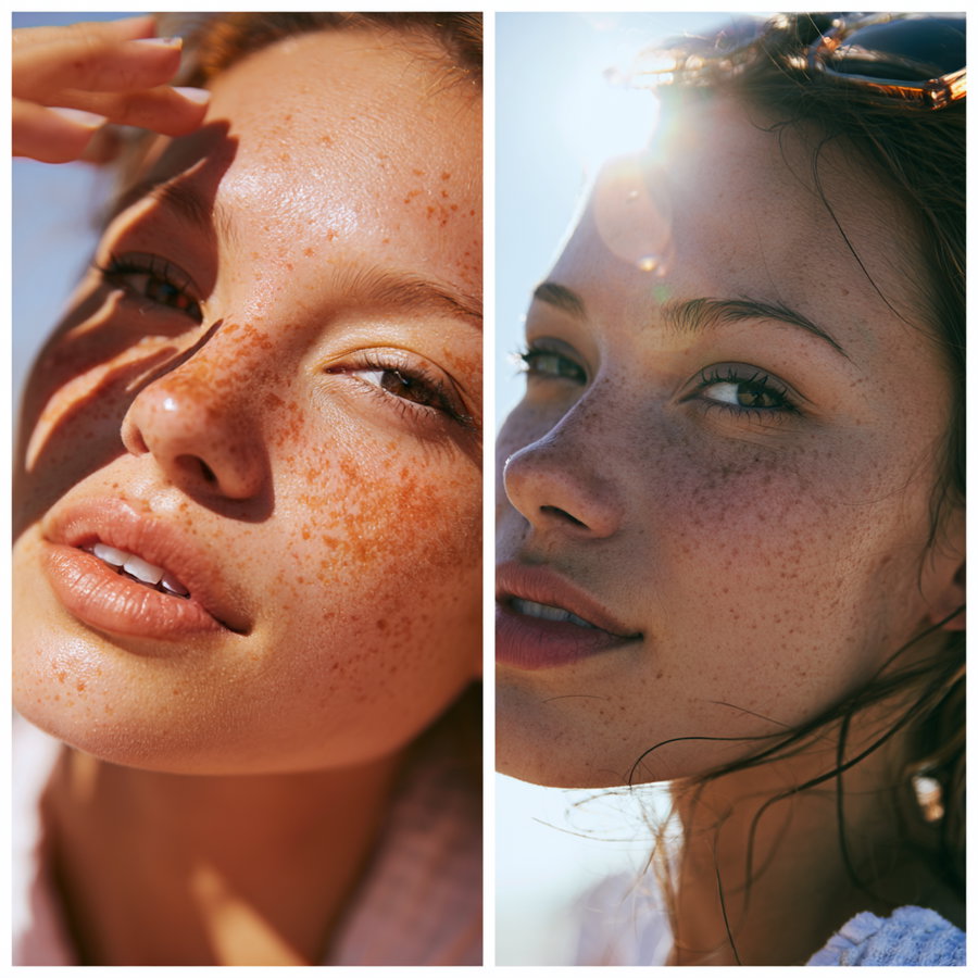 Two close-up images of women showing their freckled skin with sunlight casting shadows and lens flare effects
