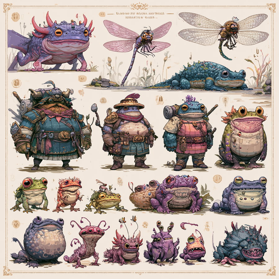 Illustration of various fantasy frog creatures and dragonflies, including frogs in adventurous outfits and unique, imaginative designs