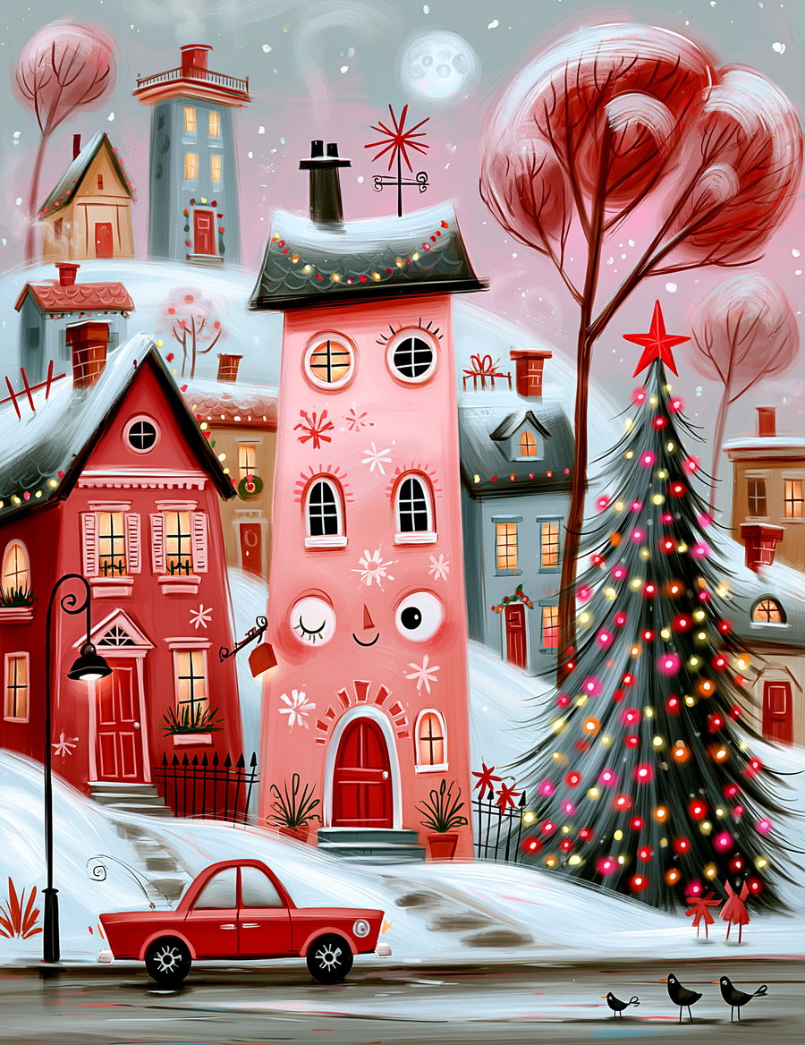 Digital illustration showing a snowy village with colorful houses, a tall pink house with a winking face, a decorated Christmas tree with lights, a red car on the street, and birds nearby under a moonlit, cloudy sky