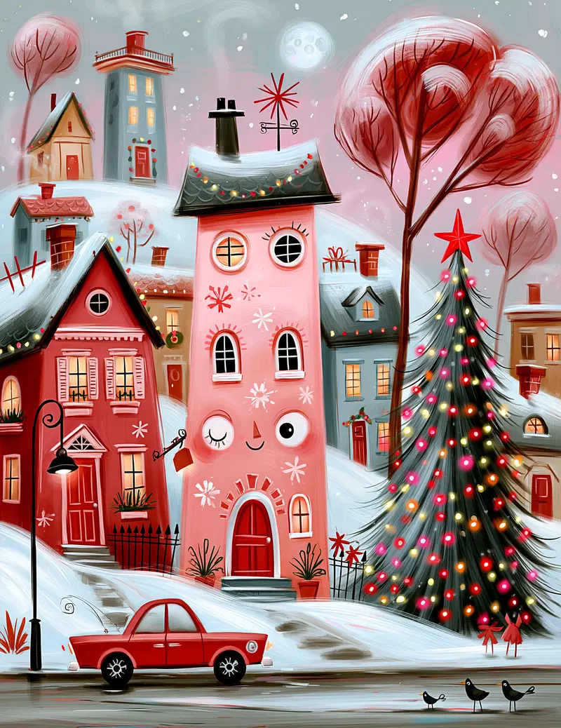 Whimsical winter neighborhood with festive holiday decorations and glowing lights