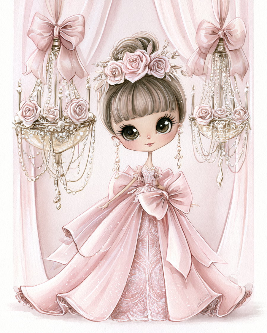 Girl with big eyes wearing a detailed pink dress with large bow, floral headpiece, and hanging chandelier decorations behind