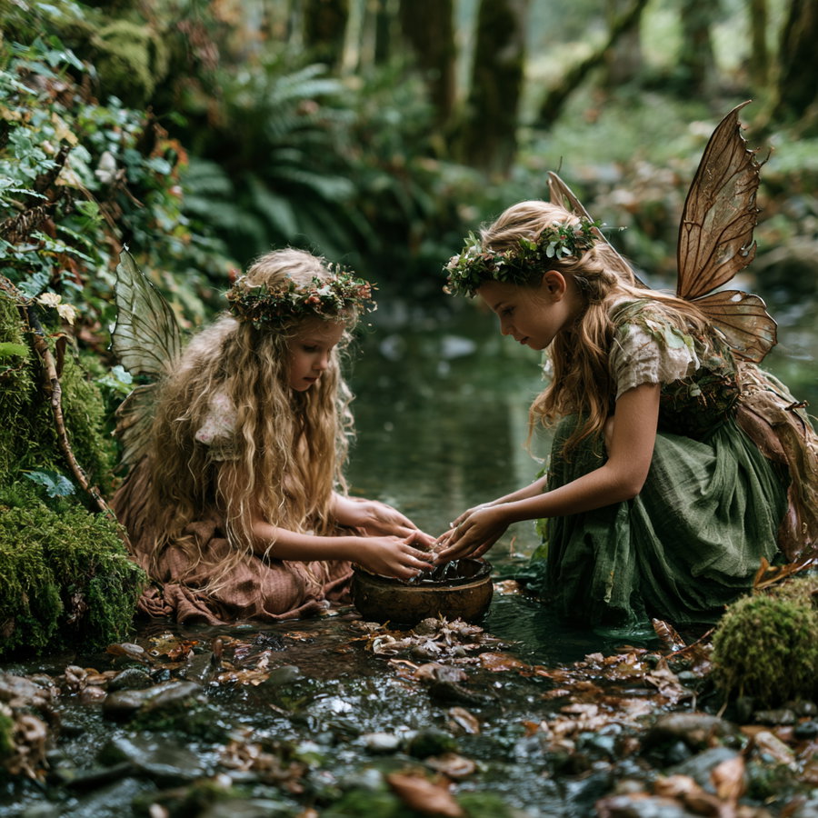Two children dressed as fairies with delicate wings and flower crowns sitting by a shallow stream in a green forest, playing with a wooden bowl in the water surrounded by moss and leaves.