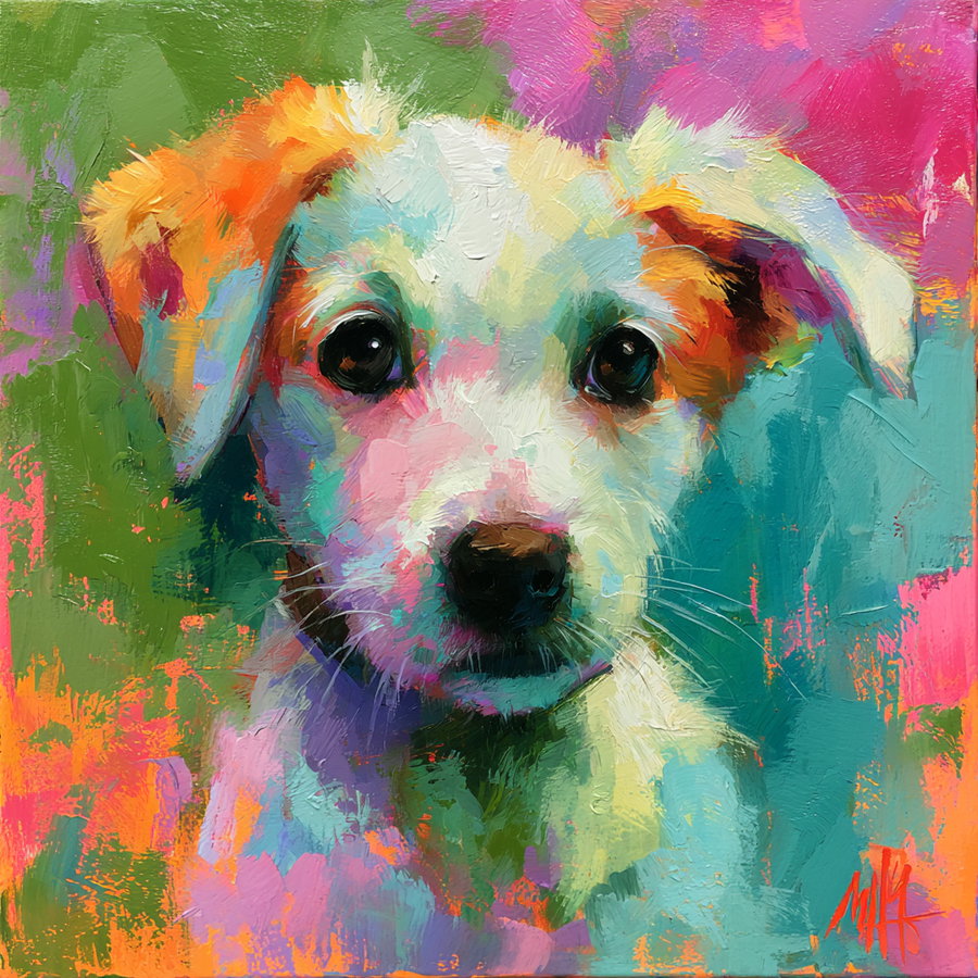 Vibrant oil painting of a white dog with orange and pink accents, detailed face and large dark eyes set against a multicolored abstract background