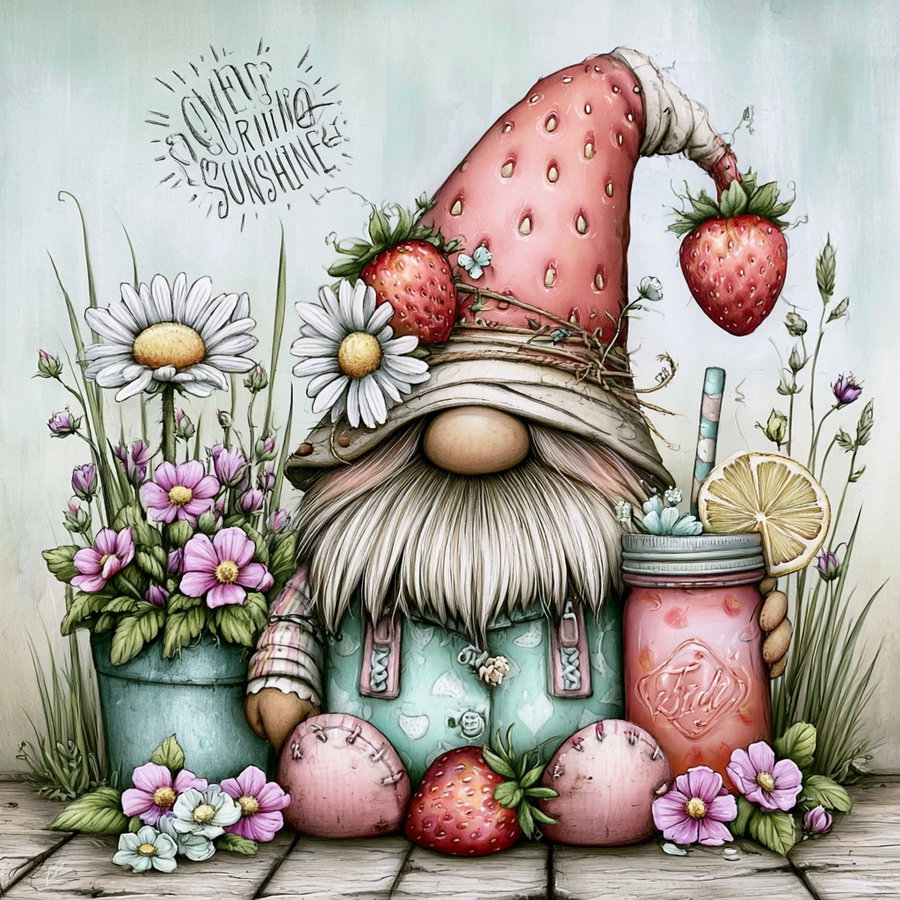 Illustration of a whimsical gnome wearing a large pink strawberry-themed hat with strawberries and flowers, holding a mason jar drink with a lemon slice and a striped straw, sitting next to potted flowers on wooden floorboards, with 'You Are My Sunshine' written above.