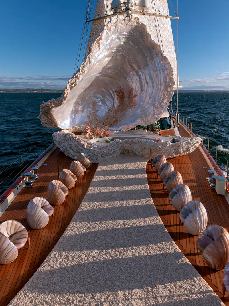 Luxurious yacht deck designed with large pearl shell and unique shell-shaped chairs