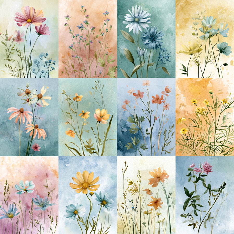 A collage of twelve watercolor paintings of different wildflowers, each with a distinct pastel or muted textured background in shades of blue, peach, yellow, pink, and green.
