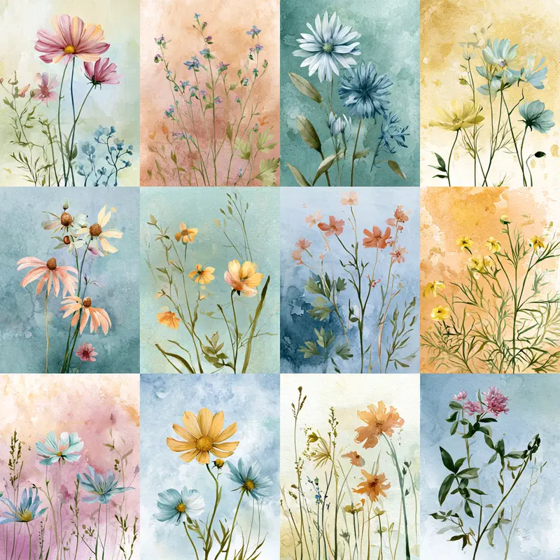Delicate watercolor floral compositions with various wildflowers on textured backgrounds