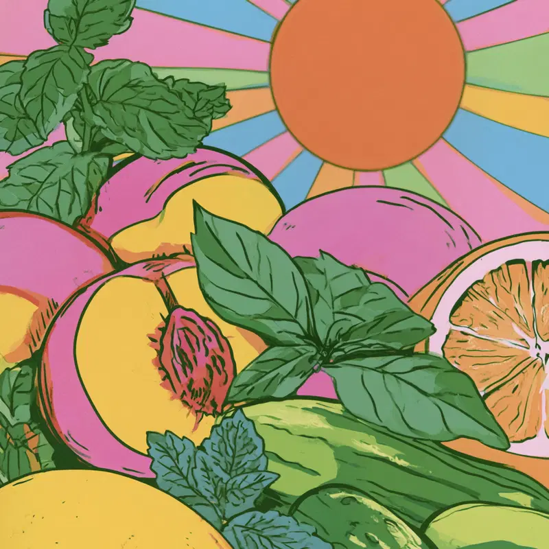 Vibrant stylized illustration of peaches, herbs, and citrus with a colorful sun background
