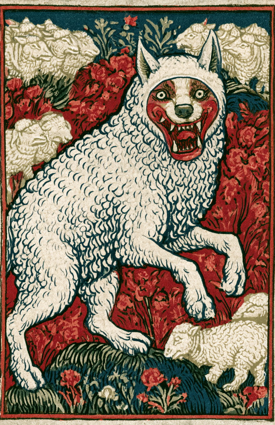 A stylized illustration showing a large white wolf wearing a sheep's fleece with a sinister expression, eyes wide and mouth open, standing on a grassy hill surrounded by white sheep and red flowers.