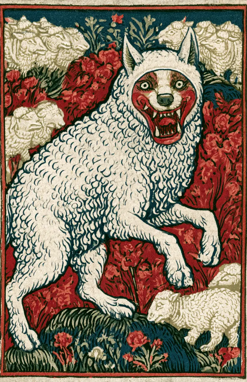 Illustration of a wolf in sheep's clothing among a flock of sheep in a stylized floral setting