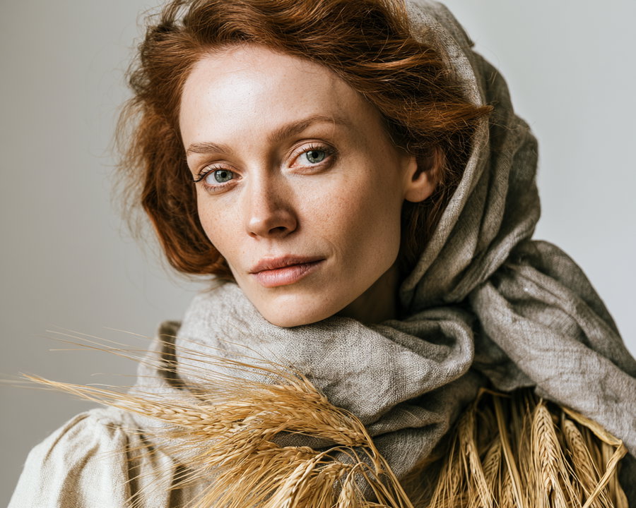 A close-up image of a woman with red hair and green eyes, wearing a gray scarf and holding stalks of wheat.