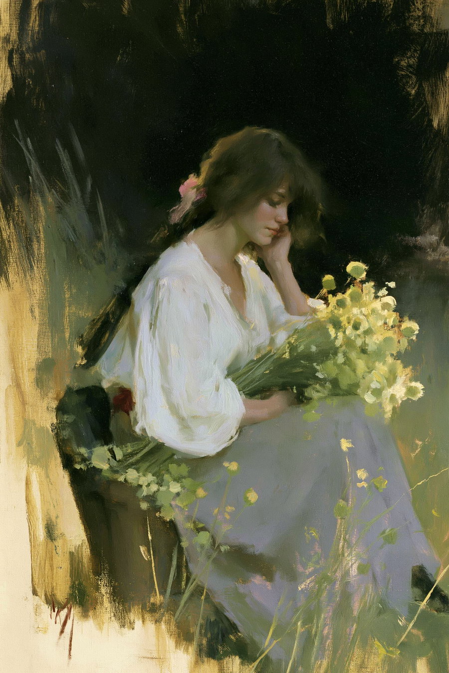 Painting of a young woman with brown hair wearing a white blouse and gray skirt, sitting and holding a bouquet of yellow flowers with a dark background