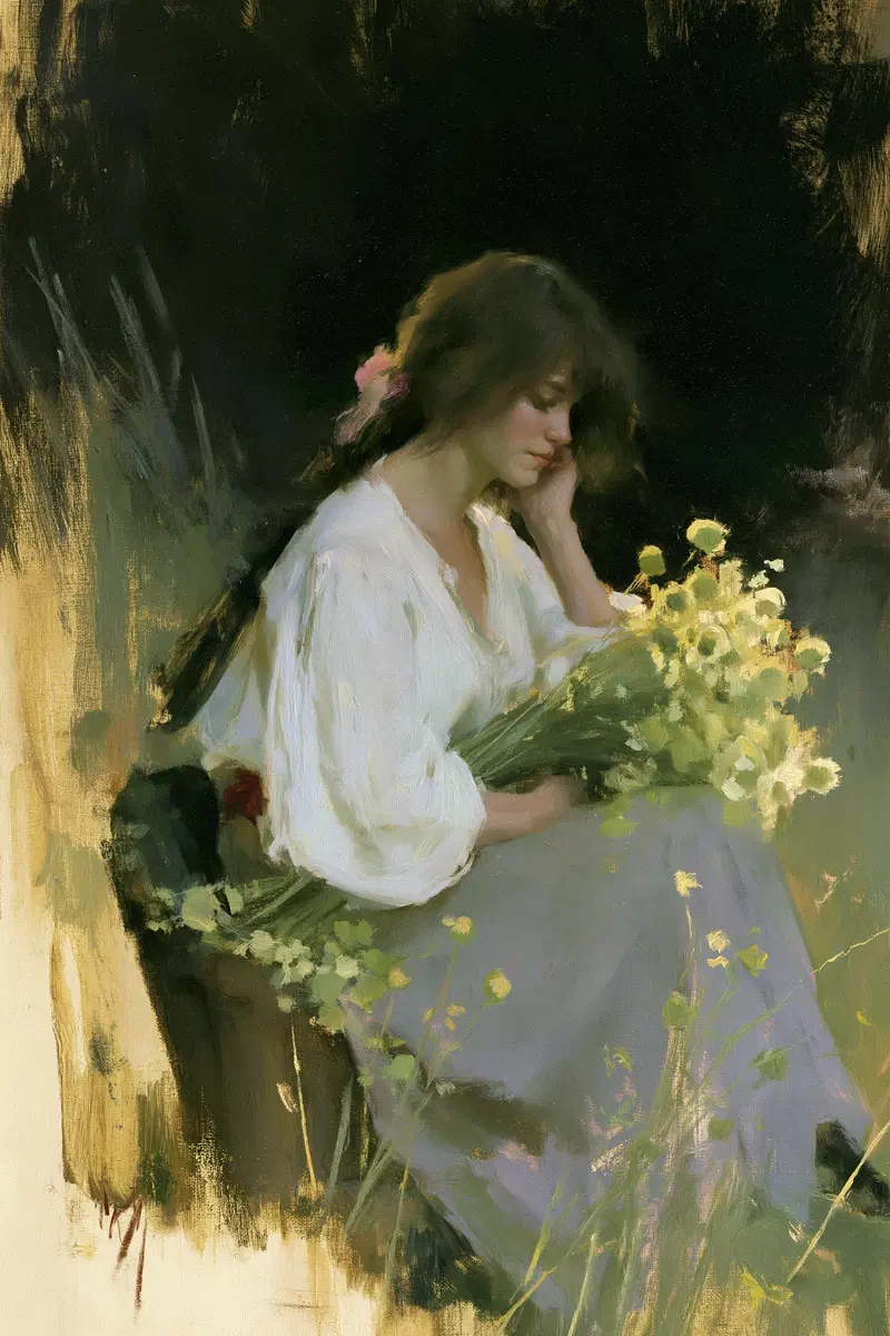 Gentle portrait of a woman holding yellow flowers in soft natural light