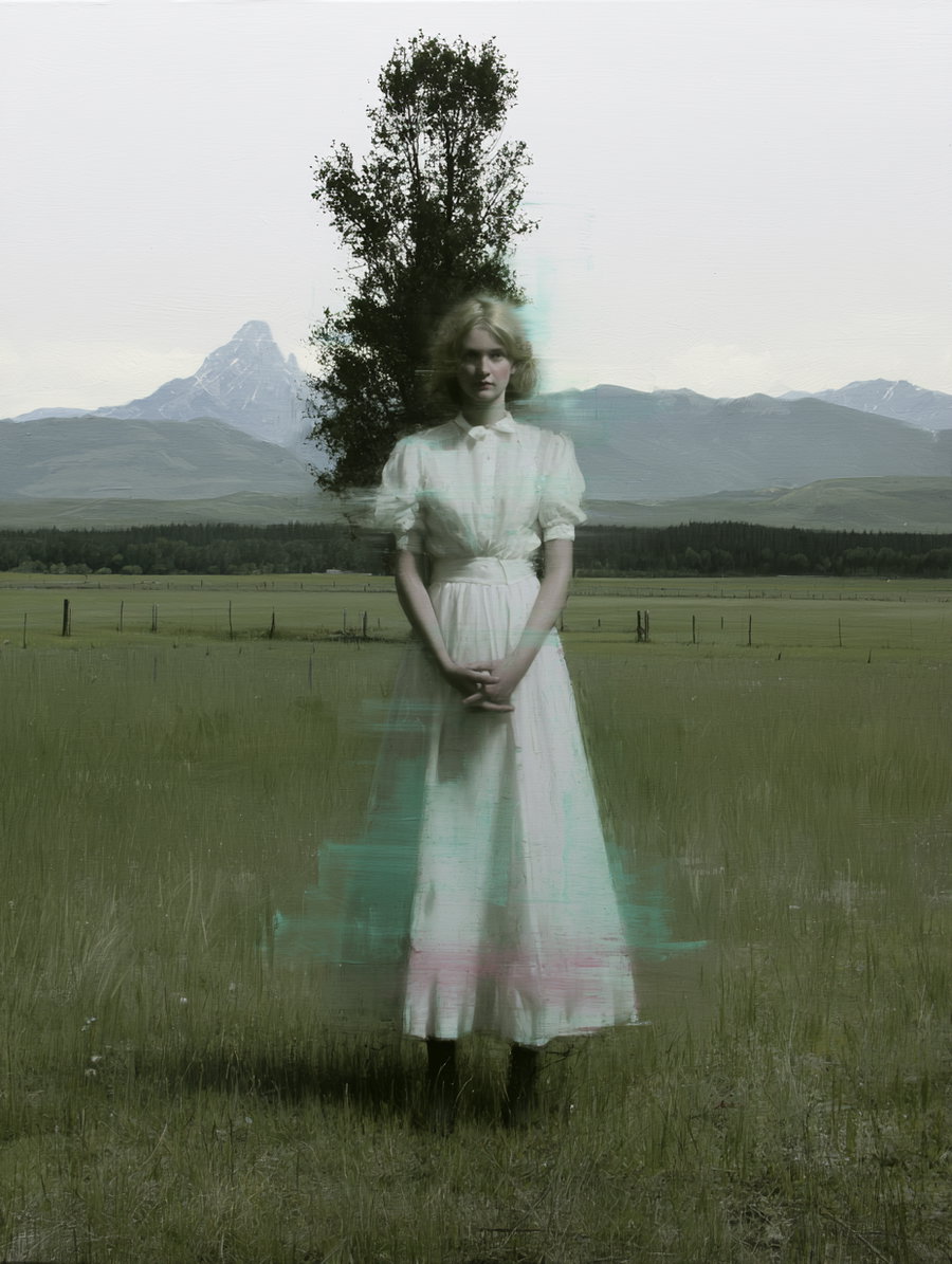 A woman wearing a white dress stands in a grassy field, partially blending with a tree behind her, mountains and forest in the background, with a painterly surreal effect