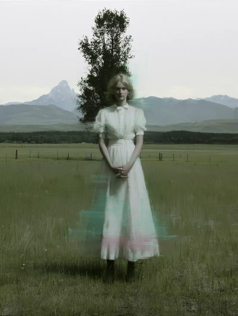 Surreal image of a woman in white dress blending with tree and landscape