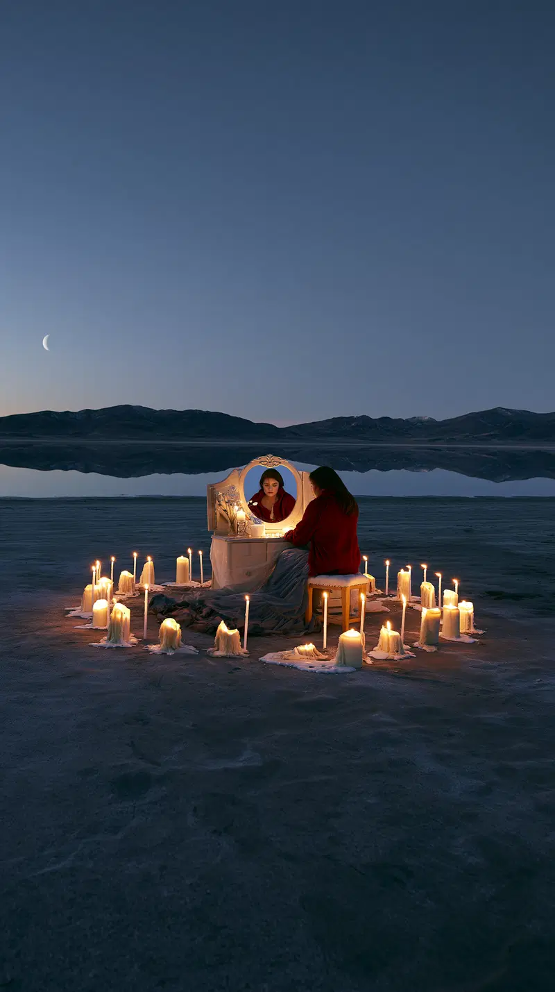 Woman at a vanity mirror surrounded by candles under crescent moon at dusk