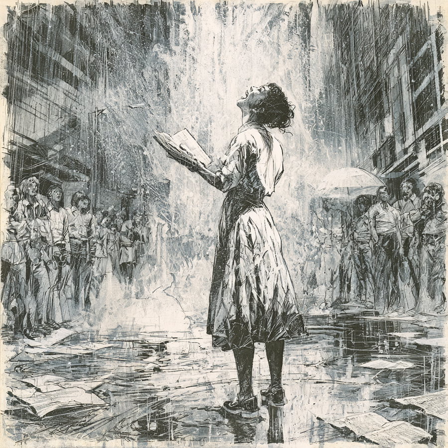 A woman in a mid-length dress stands in an urban rain shower reading a book with pages scattered on the wet ground, surrounded by onlookers under umbrellas on city streets.