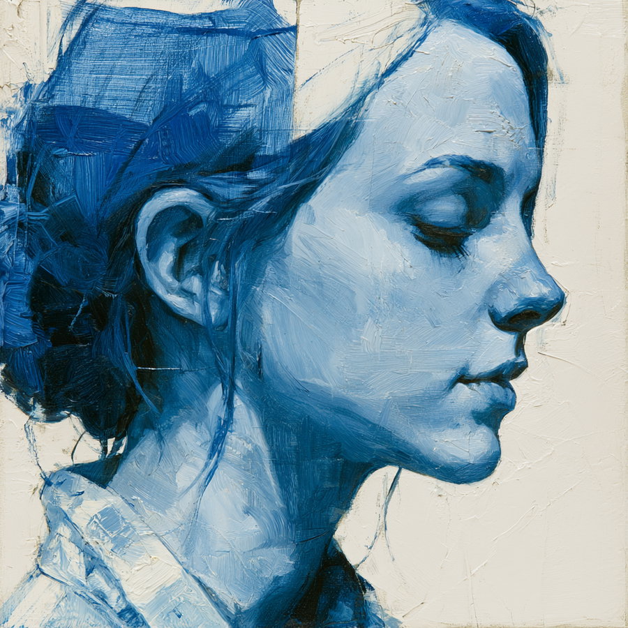 Oil painting in shades of blue showing a young woman with closed eyes and hair tied back, depicted in profile on a light background
