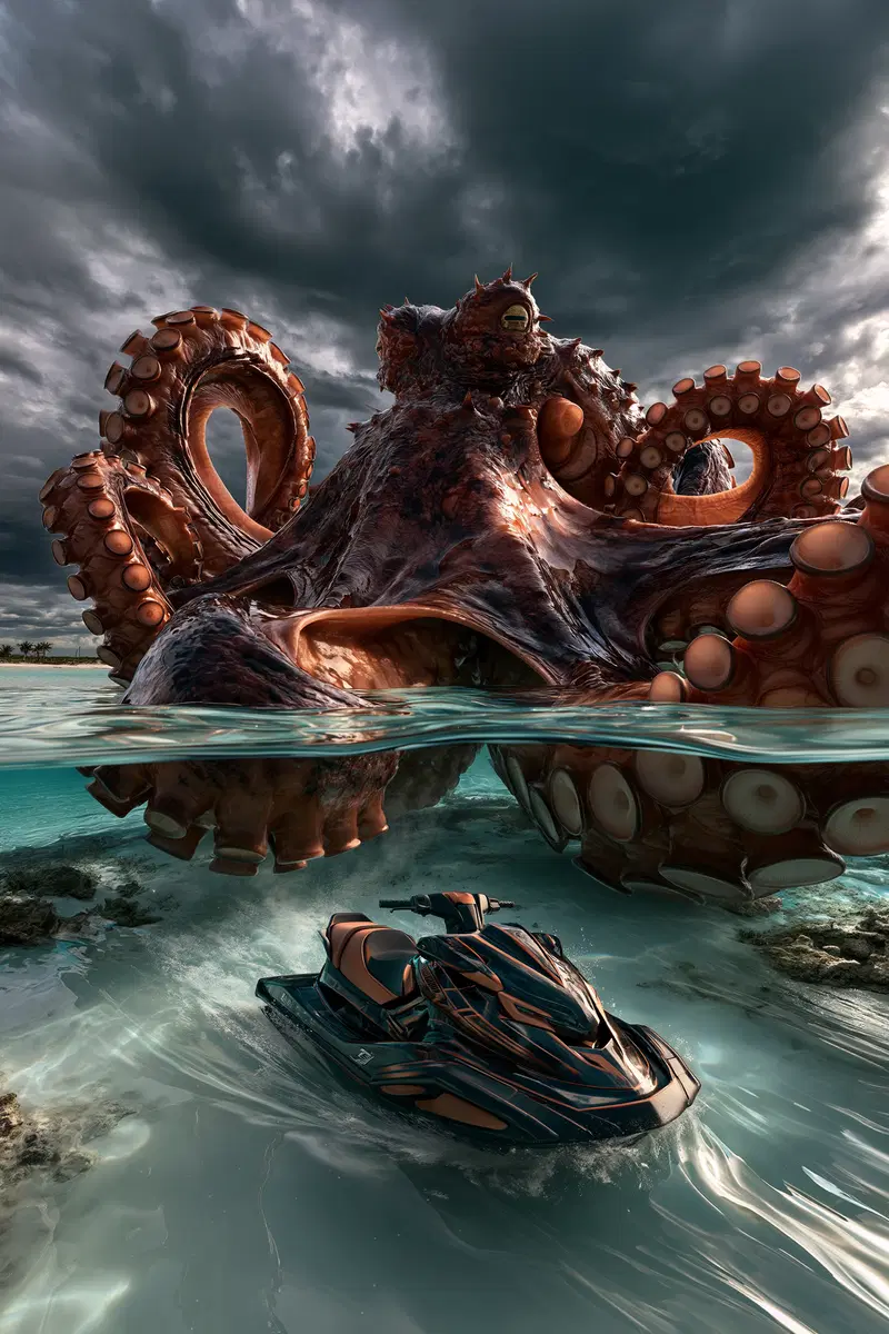 A giant octopus emerging from water near a jet ski under stormy sky