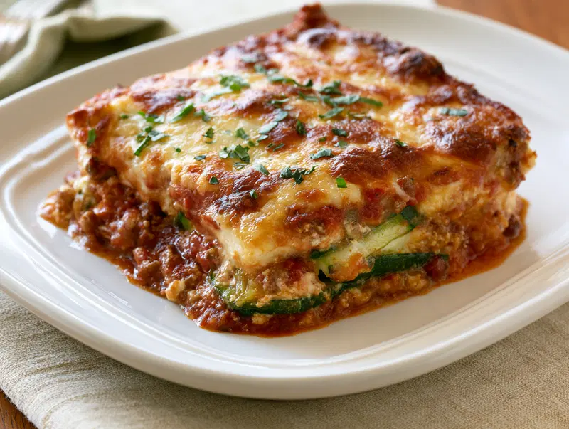 Close up of a delicious piece of lasagna with herbs on top served on a white plate
