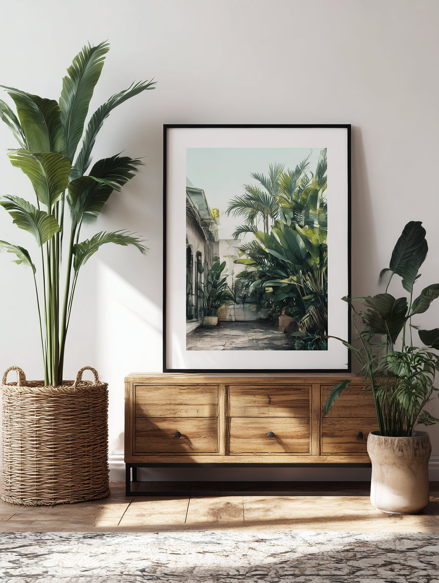 Cozy Californian surfer house with tropical plants and A3 canvas