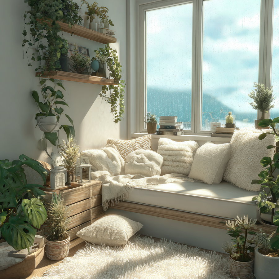 Cozy room with houseplants, rain outside, and fluffy pillows
