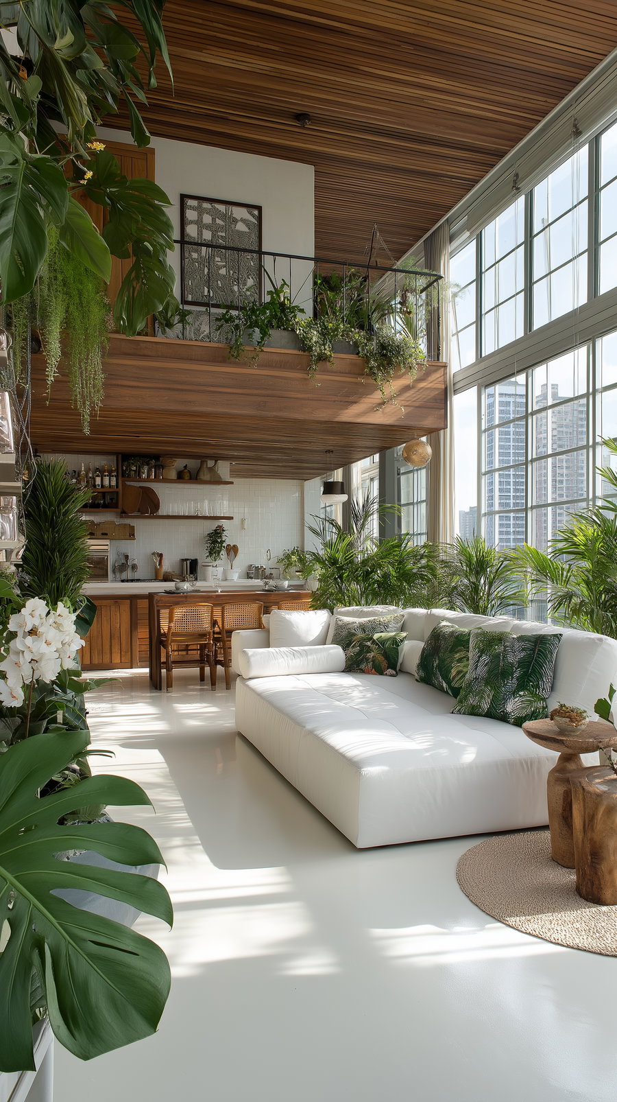 Bright integrated living room with tropical plants and modern furniture