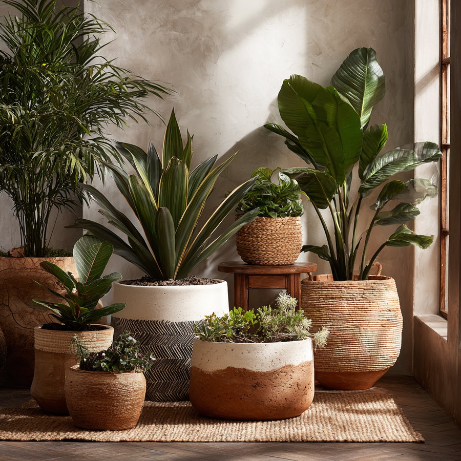 Warm natural planters complement concrete and terracotta decor