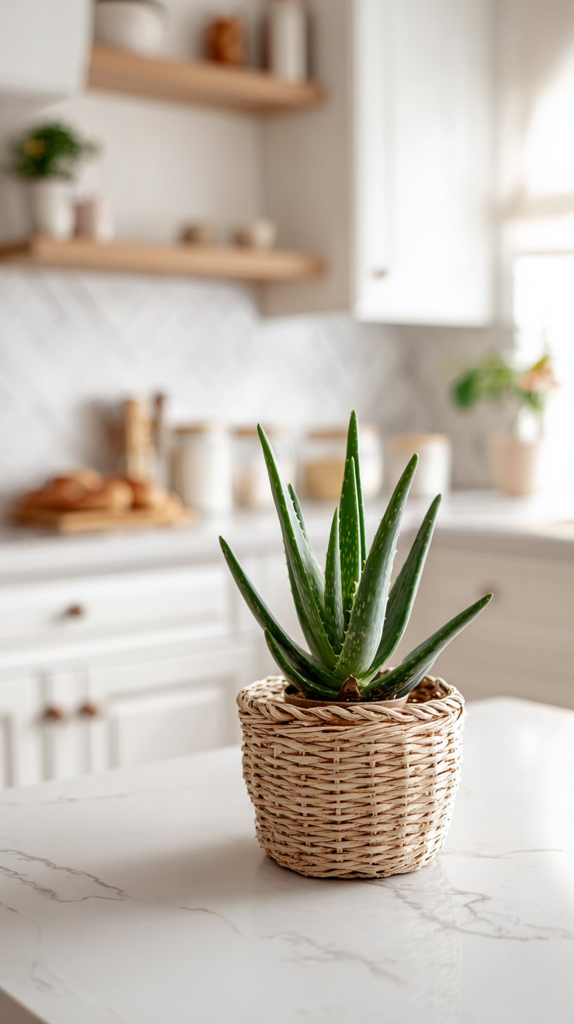 Aloe vera in a woven basket on kitchen table