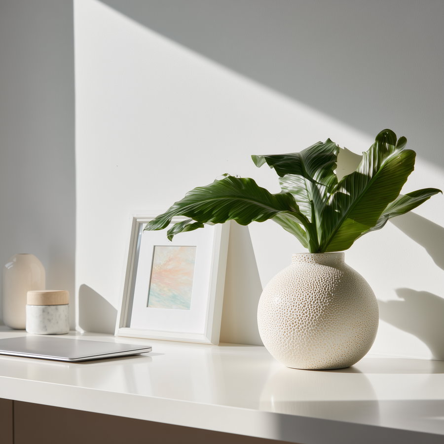 Minimalist workspace with laptop, art, plant, and soft lighting
