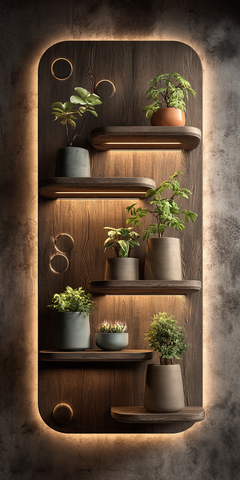 Minimalist Wooden Wall Shelf with Lighting and Plants Decor