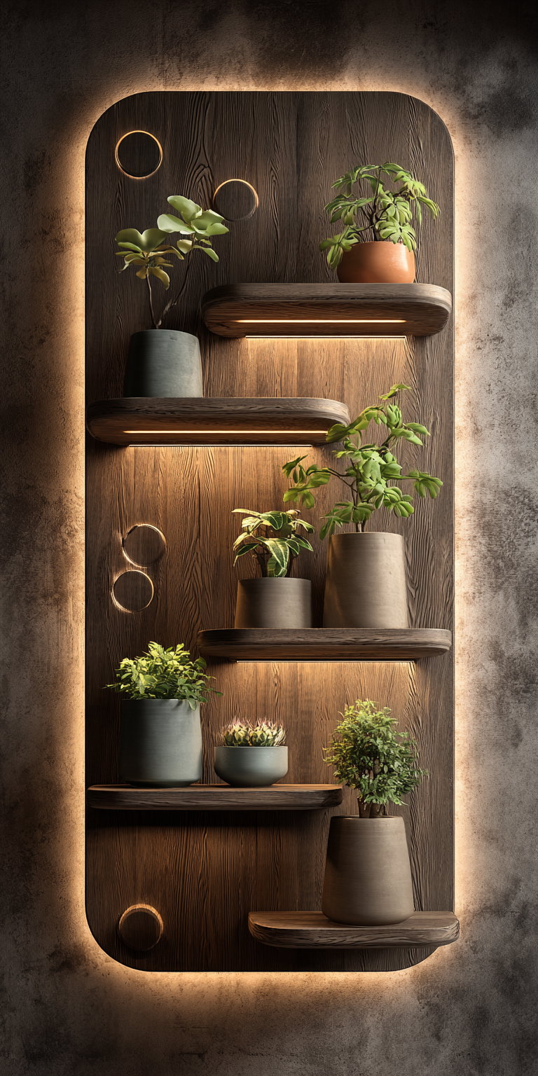 Minimalist wall shelf with lighting and potted plants