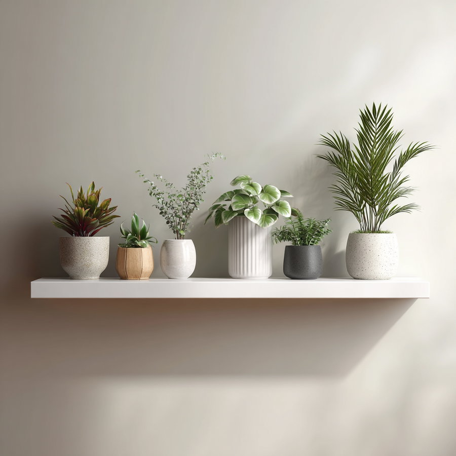Minimalist white shelf with vibrant plants in natural light