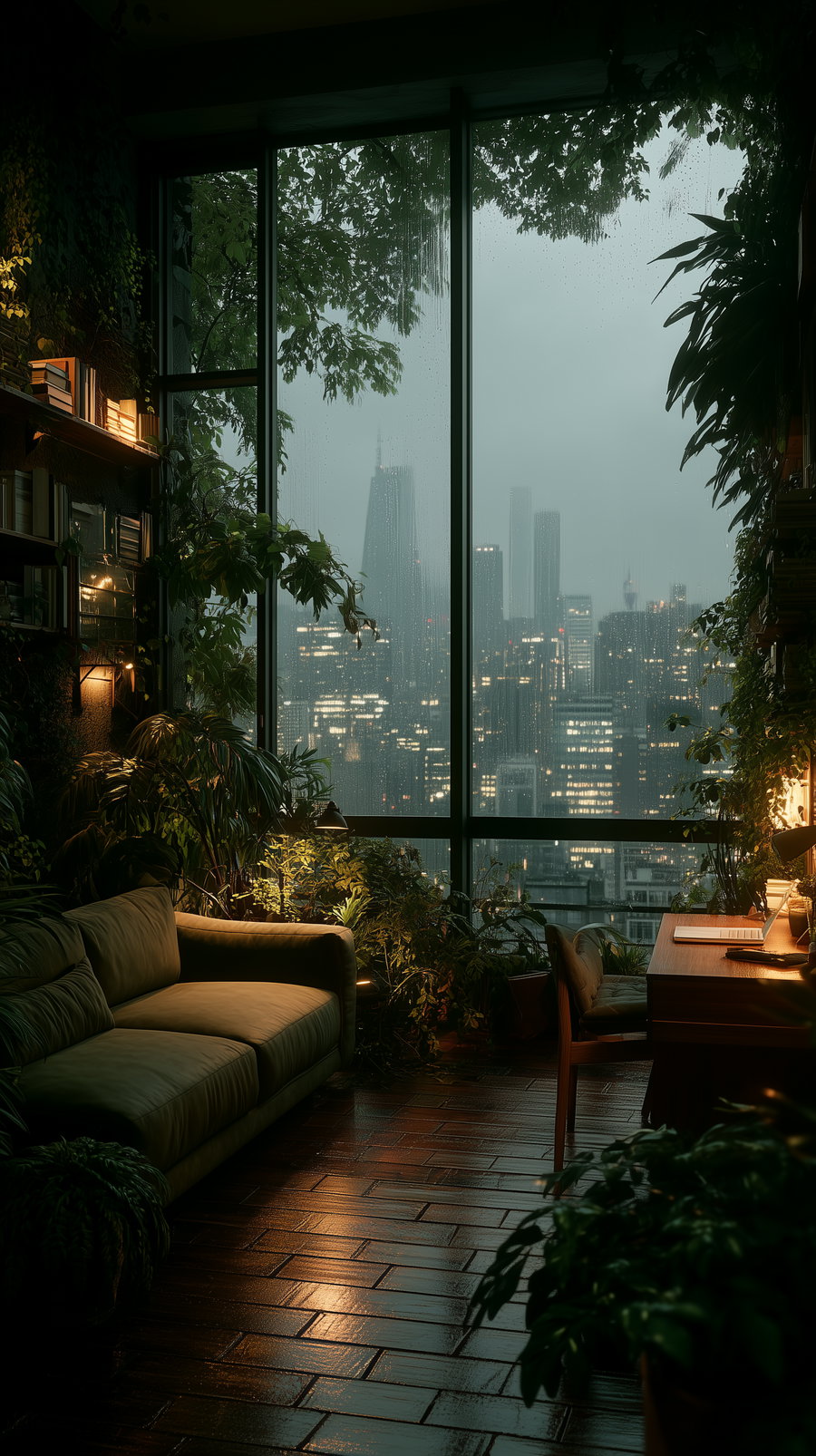 Cozy living room with plants, modern sofa, rainy city view