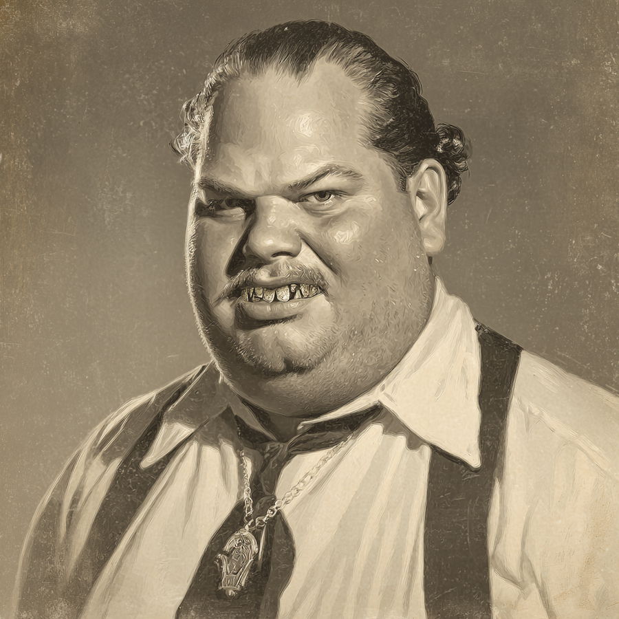Obese 1920s criminal with slicked-back hair and golden teeth