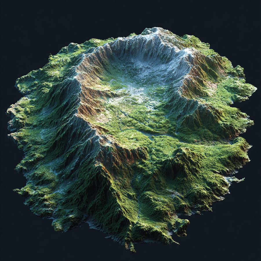 3D model of continental shelf with moss and mountain ridges