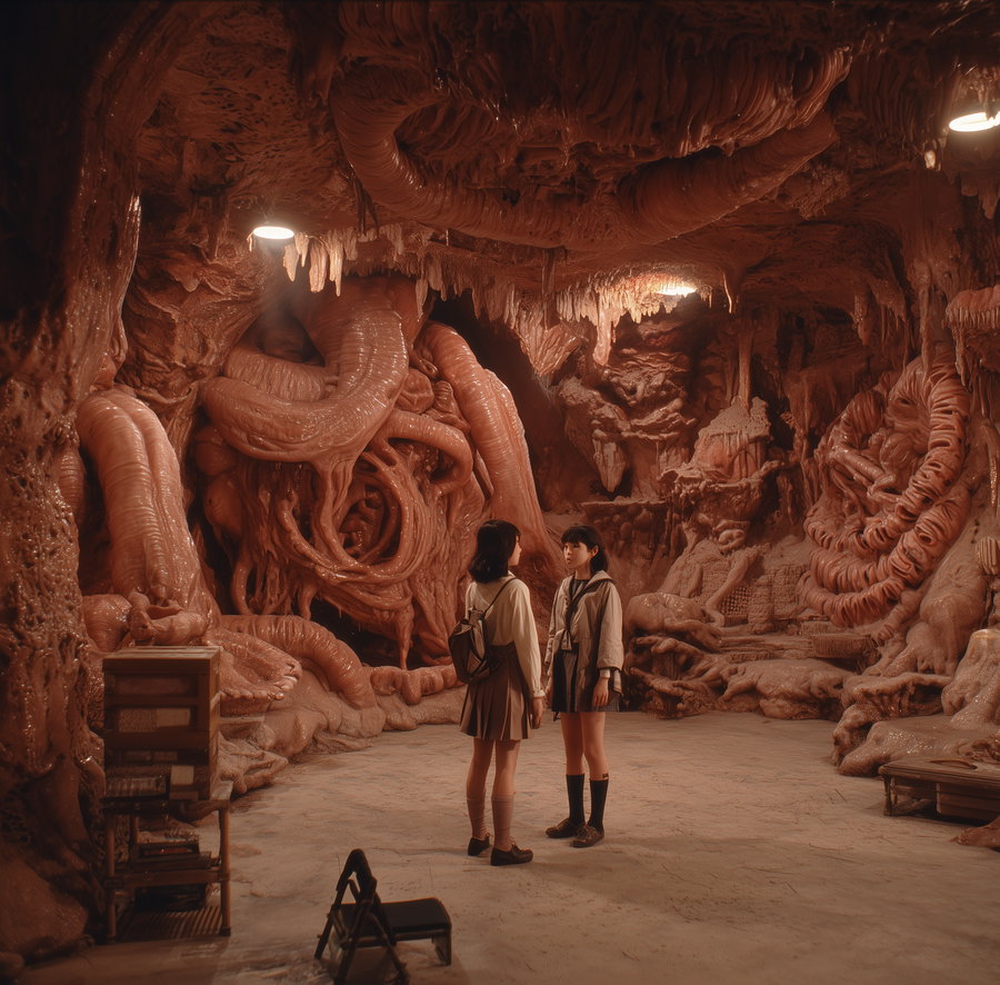 Alien creatures in meat cavern with cavewomen and chair