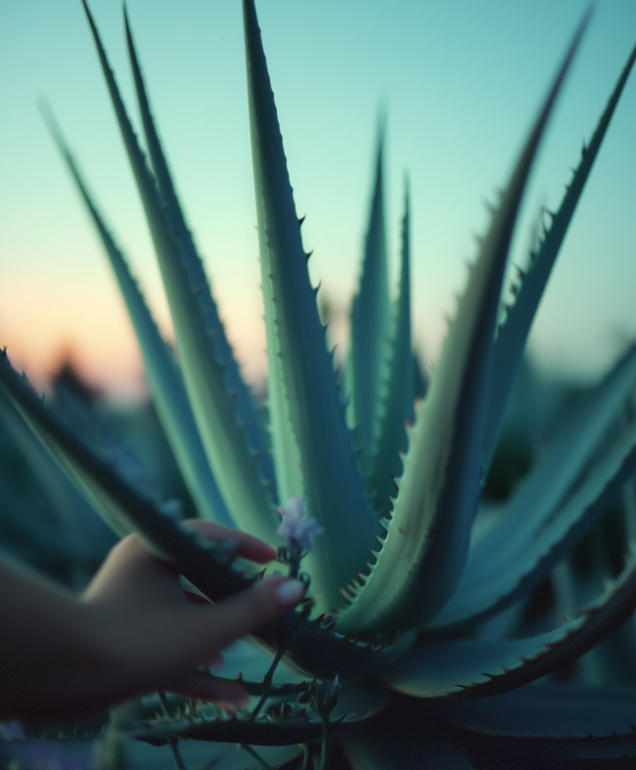Hand holding vibrant aloe vera leaves at sunset