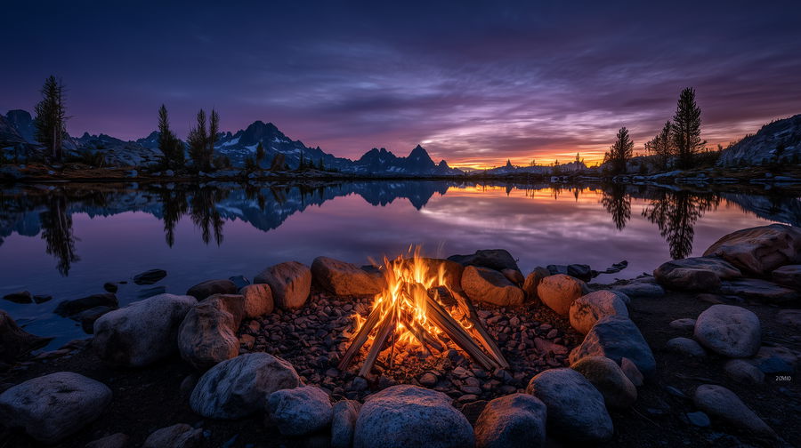 Campfire by alpine lake under indigo twilight sky