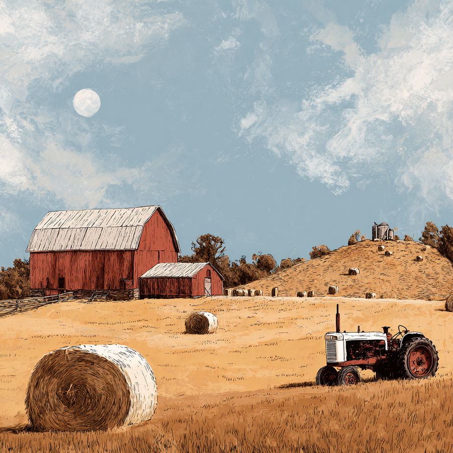 Americana landscape with red barn, round bales, and old tractor