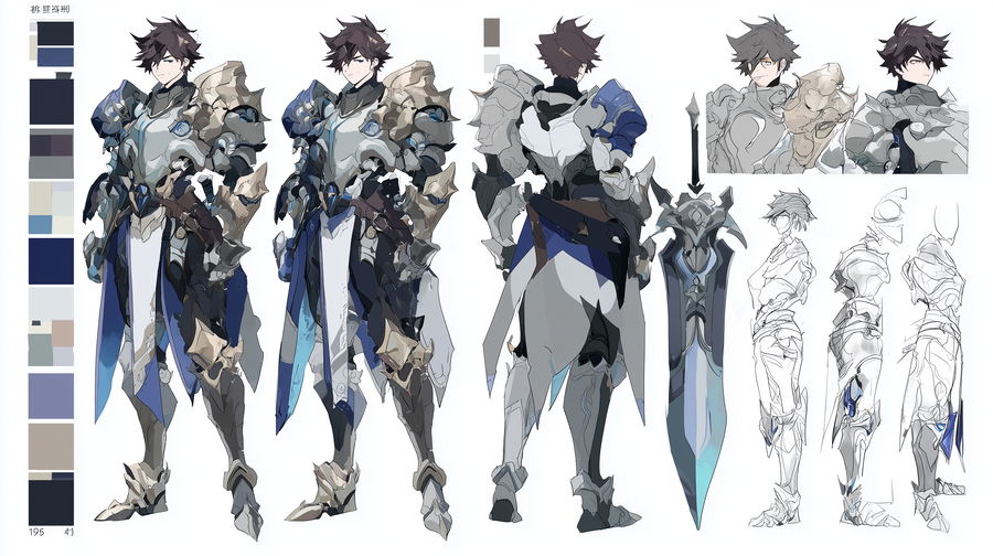 Anime character design sheet of a muscular guardian in armor
