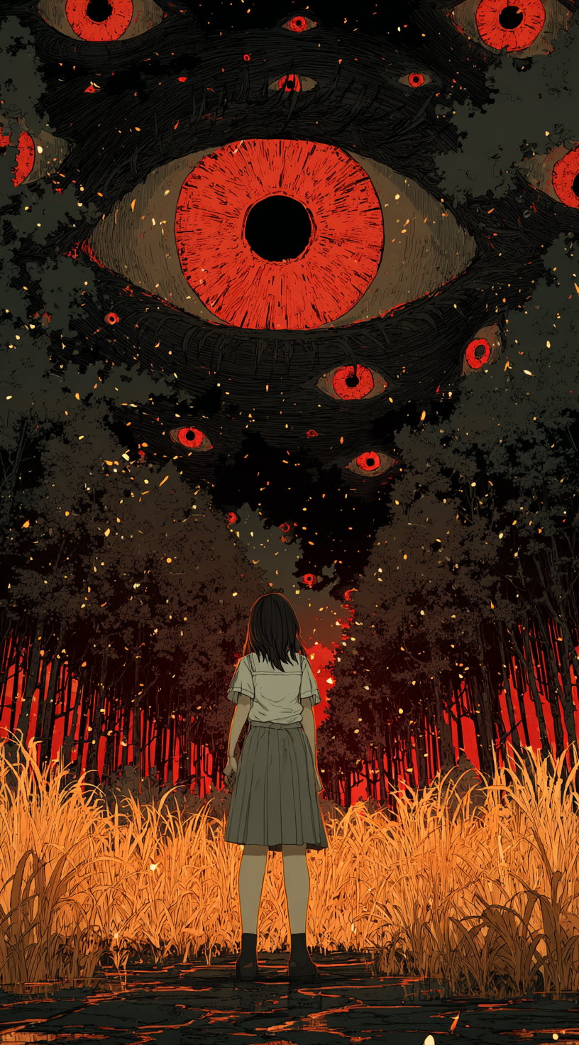 Anime girl with giant eye in dark forest scene