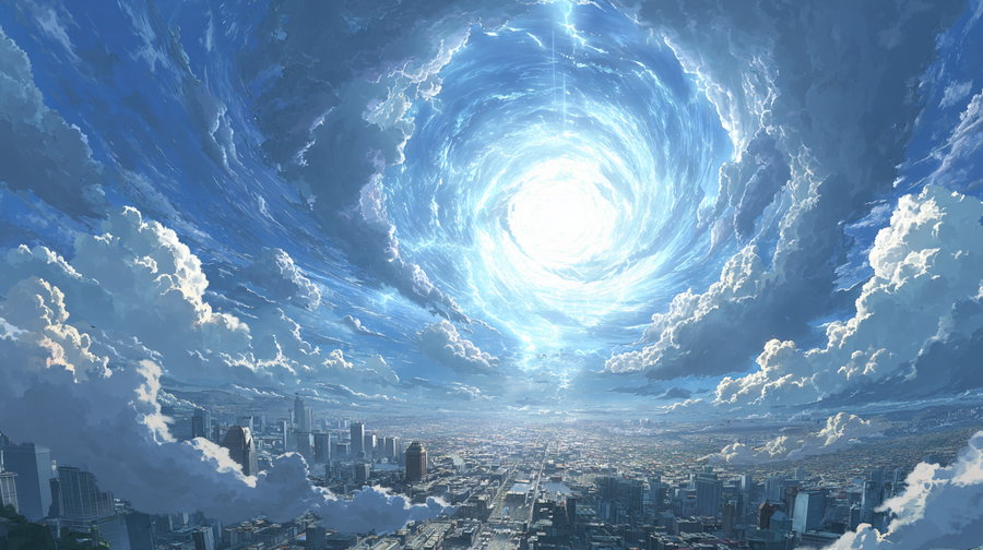 Cinematic anime city in space with swirling magical energy