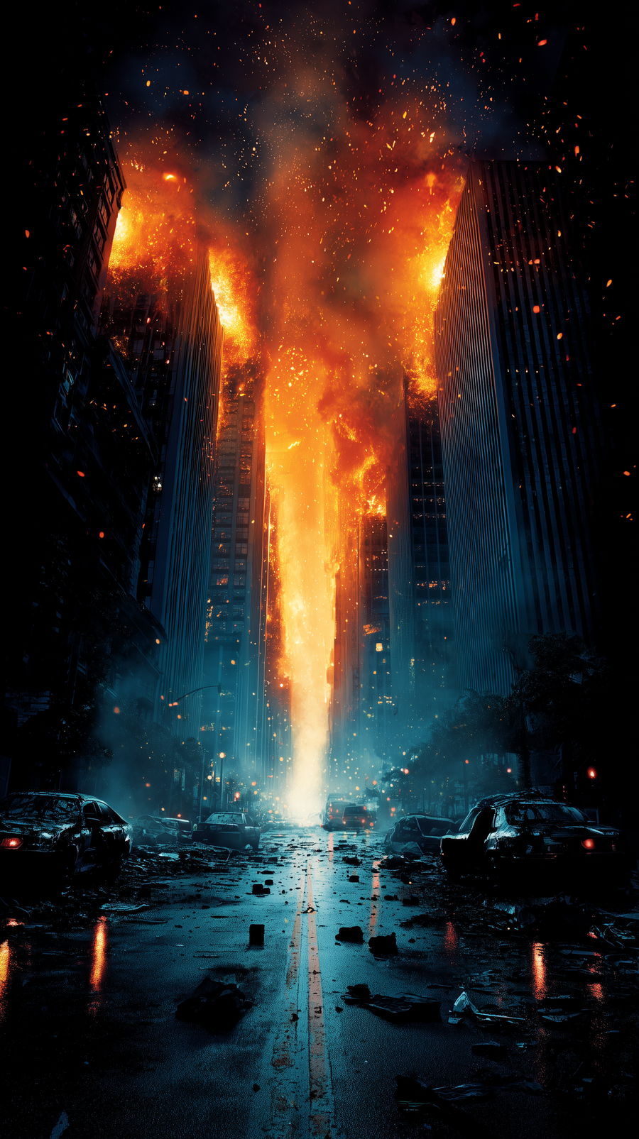 Cinematic urban apocalypse with burning skyscrapers and debris