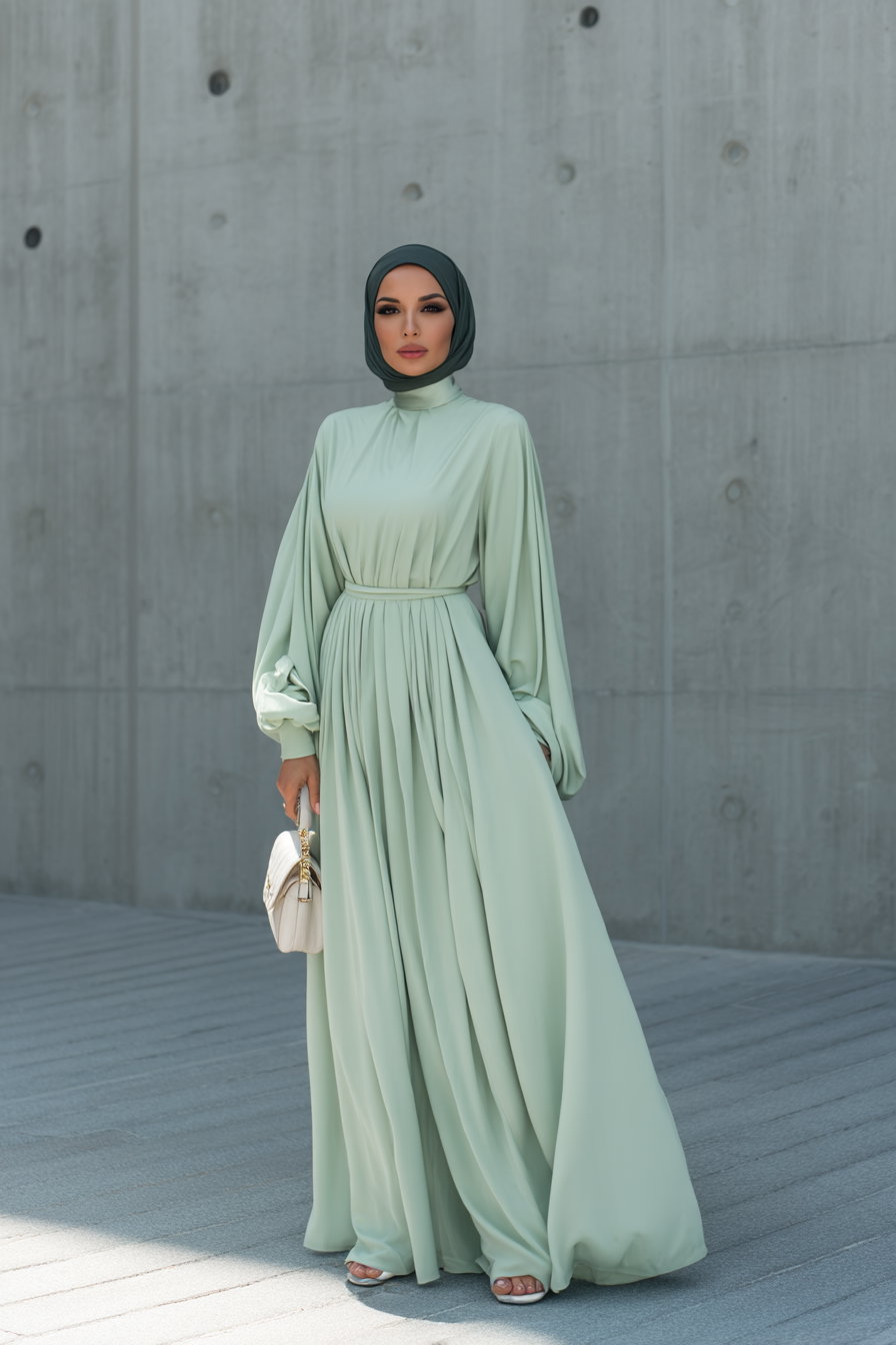 Elegant Arab woman in light green dress and black hijab